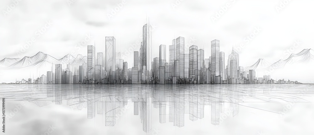 Fototapeta premium Stunning one line art of a city skyline with skyscrapers and a distant mountain backdrop, artistic flow, modern minimal style, monochrome aesthetic