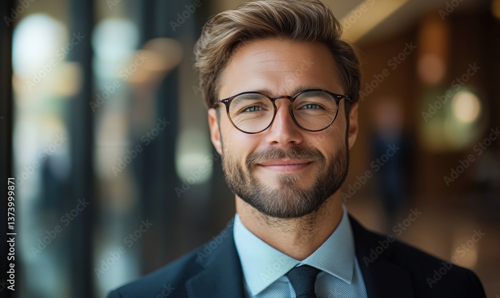 Confident businessman with glasses smiling in modern office environment Confident businessman with glasses smiling in modern office environment