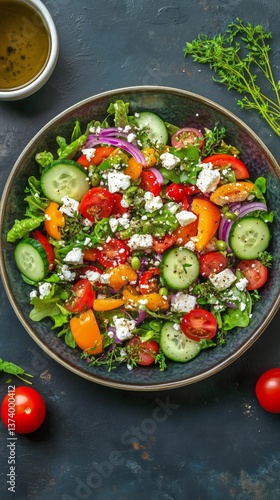 Fresh Vegetable Salad With Colorful Ingredients Served on a Dark Table