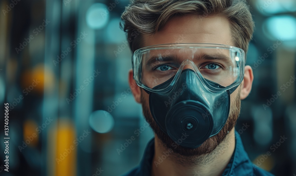 Man wearing protective mask and goggles in industrial environment for safety Man wearing protective mask and goggles in industrial environment for safety