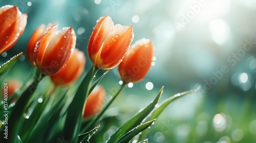 Vibrant tulips adorned with droplets of dew capture the essence of spring, radiating beauty, freshness, and the renewing spirit of nature in a dreamy garden setting.