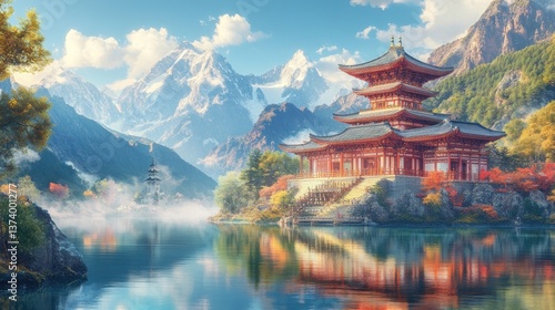 Wallpaper Mural Autumn Pagoda Lake, Mountain Serenity, Peaceful Reflection, Travel Poster Torontodigital.ca