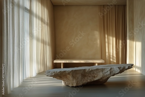 Modern Interior Design Featuring Minimal Stone Furniture in Bright Natural Light