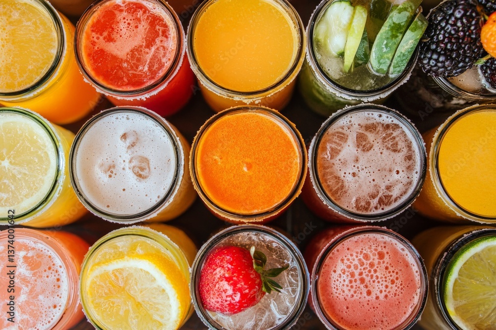 Assorted fresh pressed fruit juices served in transparent plastic bottles arranged in circle pattern on wooden table photographed from above in daylight showcasing natural vitamin rich hydration