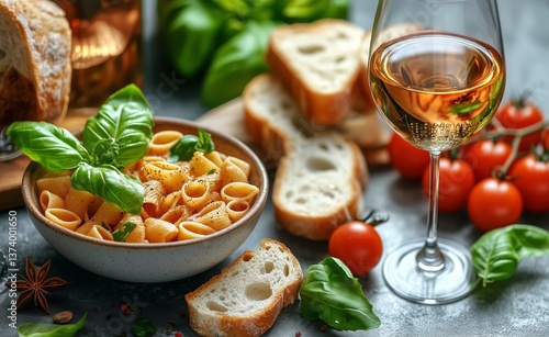 Delicious Pasta Dish With Fresh Ingredients and Wine on a Rustic Table