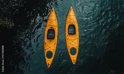 Bright Orange Kayaks Glide Across Calm Blue Waters Near Lush Greenery at Midday