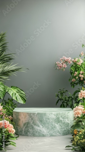 Elegant Green Marble Display With Fresh Flowers and Soft Light in a Serene Se...