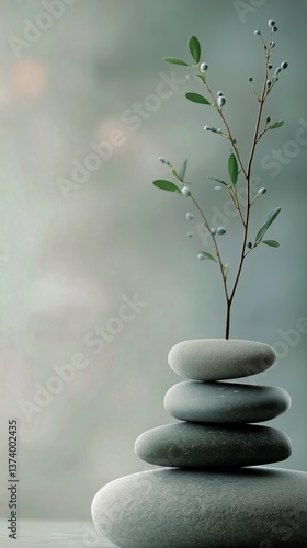 Stones Balanced on Water With a Small Green Plant Growing in Serene Environment