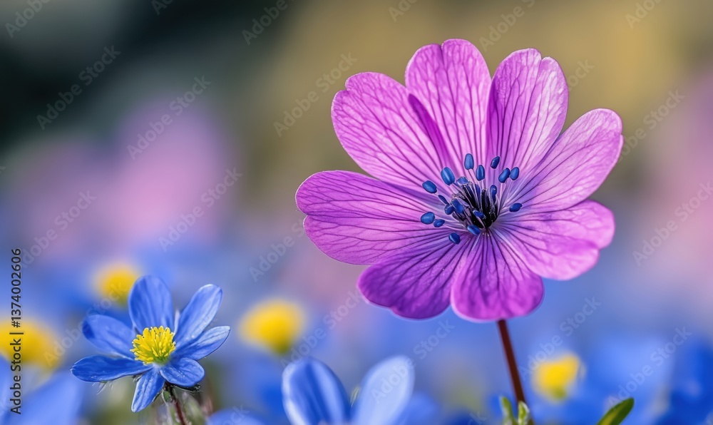 Fototapeta premium Vibrant purple flower with delicate blue blossoms in soft focus background