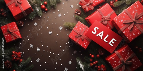 Holiday Sale Promotion Featuring Red Gifts and Festive Decorations on a Dark ...