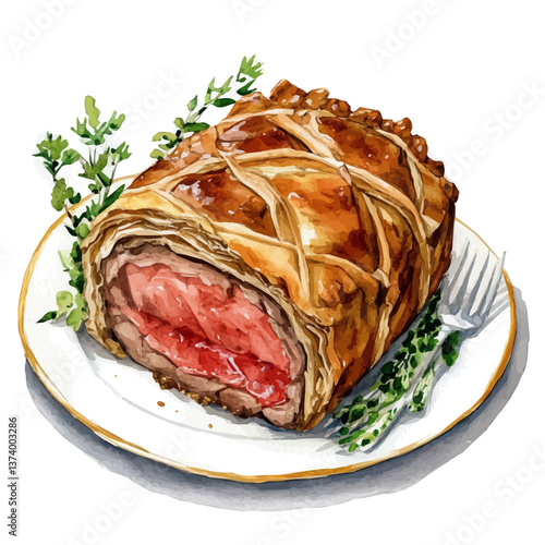 A watercolor vector of beef Wellington, isolated on a white background. Beef Wellington vector.

