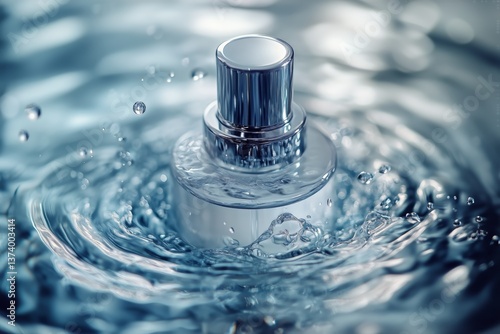Elegant Perfume Bottle Creates Ripples in Water at Tranquil Setting