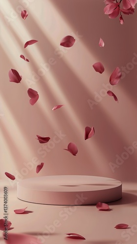 Soft Pink Petals Fall Gracefully on a Serene Platform in a Dreamy Setting