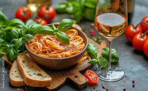 Delicious Pasta Dish With Fresh Ingredients and Wine on a Rustic Table