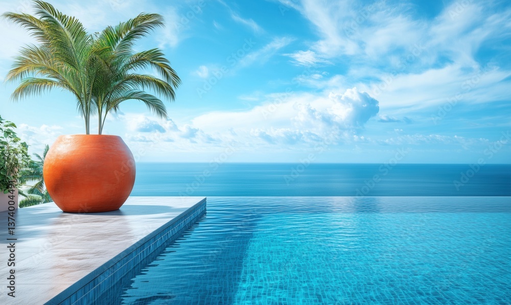 Obraz premium Stunning infinity pool with ocean view and palm tree in decorative pot