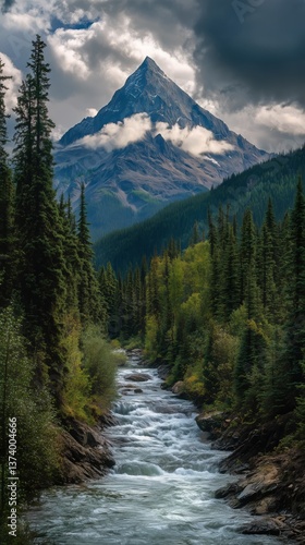 Majestic Mountain Peak Towers Over Rushing River in Lush Forest Landscape Dur...