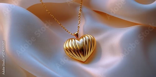 Elegant Golden Heart Necklace Resting on Soft Satin Fabric in Warm Light