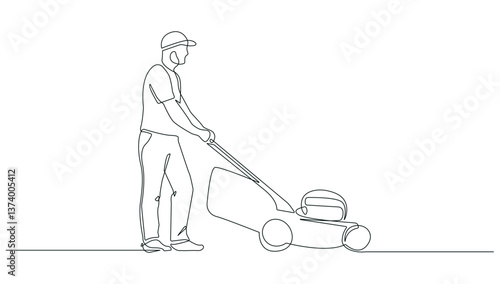Man Lawn Mower Continuous Line Art Drawing Style. Active Lifestyle One Line Art Vector Illustration. Man with Lawn Mower Black Linear Sketch Isolated on White Background