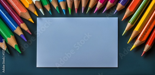 Colorful Pencils Arranged Around a Blank Sheet on a Dark Surface During Creat...