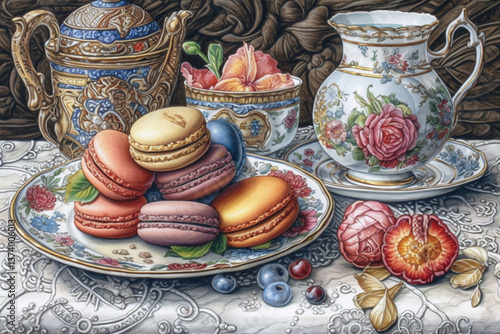 still life with tea and macaroni., watercolor style, Generative AI