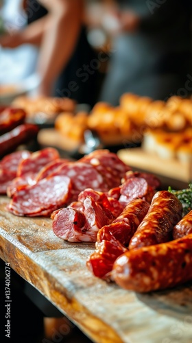 Curing Meats on a Wooden Board With Fresh Herbs in a Rustic Kitchen