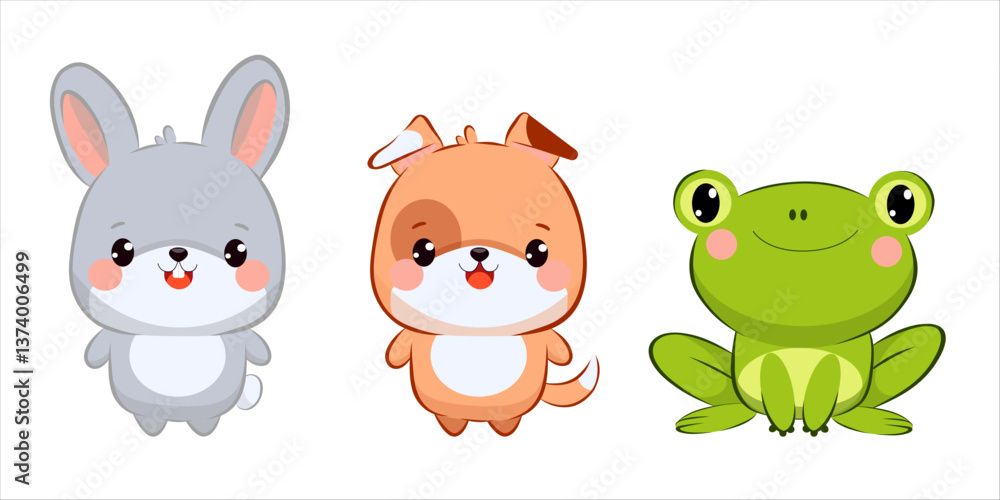 Fototapeta premium Three adorable cartoon animals are showcased together: a gray bunny, a playful orange puppy, and a bright green frog. Each character displays a cheerful expression, enhancing their charm.