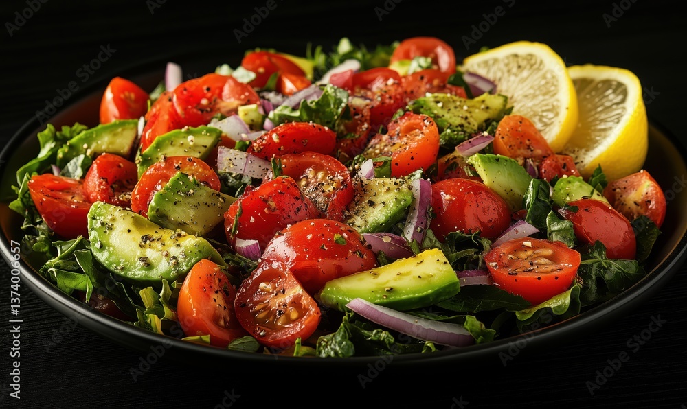 Fresh vegetable salad with tomatoes, cucumbers, onions, and lemon slices Fresh vegetable salad with tomatoes, cucumbers, onions, and lemon slices
