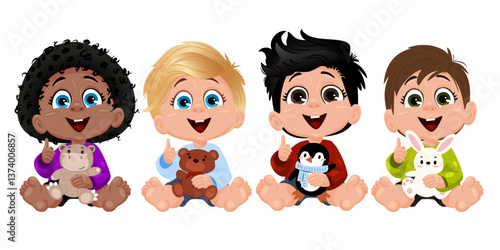 Four children with diverse hairstyles sit closely together, each holding their favorite stuffed toys. They smile brightly, expressing happiness and friendship during playtime.