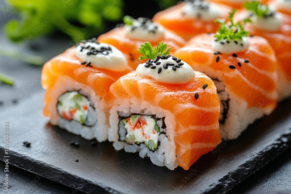 Freshly Prepared Sushi Rolls With Salmon and Creamy Topping on a Stone Platter Freshly Prepared Sushi Rolls With Salmon and Creamy Topping on a Stone Platter