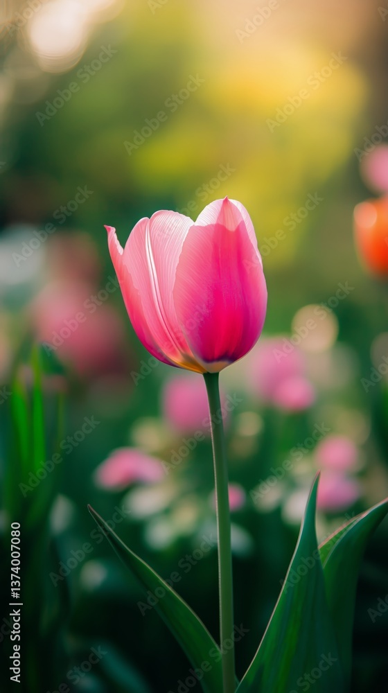 Fototapeta premium Vibrant Pink Tulip Blooming in a Colorful Spring Garden With Blurred Background