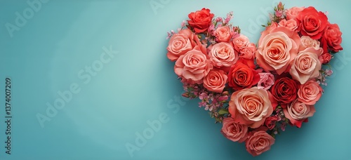 Heart Shape Made of Red and Pink Roses on a Light Blue Background in a Creati...