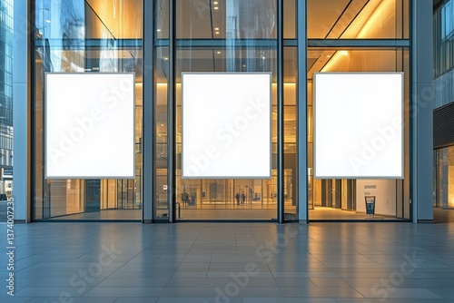 Modern Storefront With Empty Displays at Dusk on a City Street