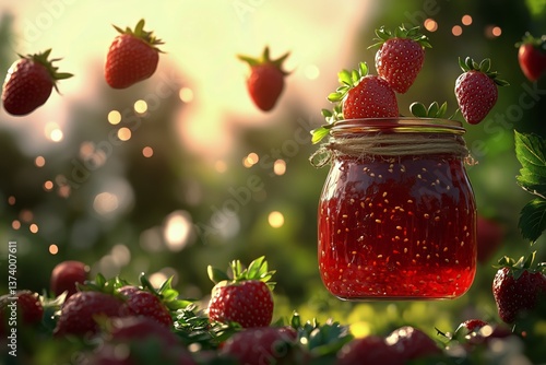 Strawberry Jam in a Jar Surrounded by Fresh Strawberries in a Sunlit Garden D...