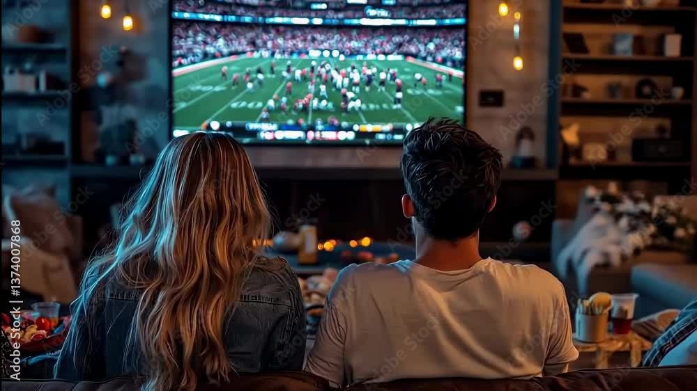 A back view of a group of friends sitting on a couch in a living room, watching a Super Bowl watch party. A back view of a group of friends sitting on a couch in a living room, watching a Super Bowl watch party.