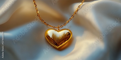 Elegant Golden Heart Necklace Resting on Soft Satin Fabric in Warm Light