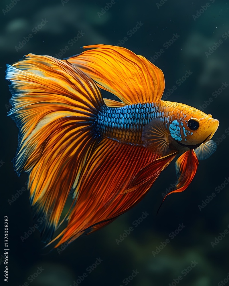 A vibrant betta fish with flowing colorful fins swimming underwater A vibrant betta fish with flowing colorful fins swimming underwater