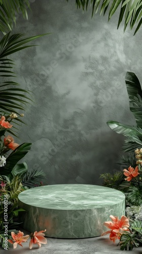 Elegant Green Marble Display With Fresh Flowers and Soft Light in a Serene Se...