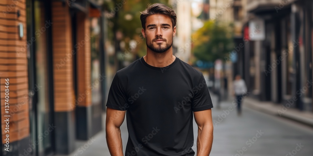Fototapeta premium Stylish young man in black t-shirt walking confidently down urban street