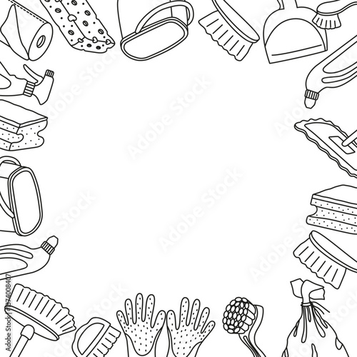 Vector frame with cleaning items and space for text. Card  with objects for sanitation in doodle style.