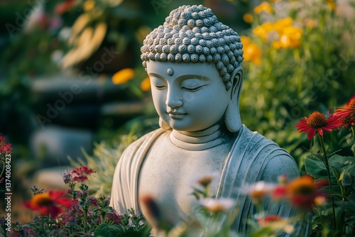Serene Buddha Statue Surrounded by Blooming Daisies in a Peaceful Garden Setting