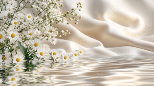 Daisies and baby breath flowers on silk near rippled water