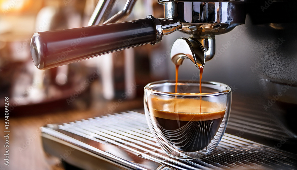 Espresso machine pours fresh black coffee, Generated image Espresso machine pours fresh black coffee, Generated image