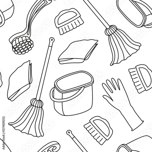 Vector seamless pattern with attributes for cleaning the house in doodle style. Drawing for packaging and wallpaper with linear objects for cleanliness.