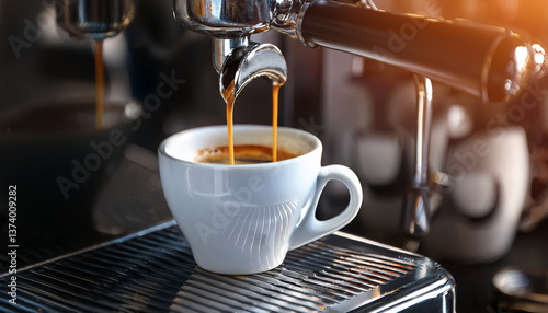 Espresso machine pours fresh black coffee, Generated image