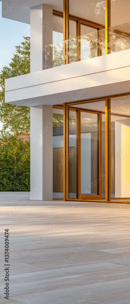 Fototapeta premium Modern architecture with large windows and wooden accents in a sunny outdoor setting
