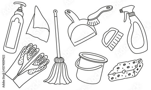 Vector set of spring cleaning items in doodle style. Linear Illustration for different designs with household items.