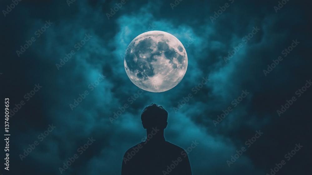 Silhouette of a person gazing at a bright full moon amidst dramatic clouds Silhouette of a person gazing at a bright full moon amidst dramatic clouds