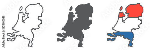 Map of Netherlands icon collection, country and Netherland, Netherlands map vector icon set, vector graphics, editable stroke outline sign, eps 10