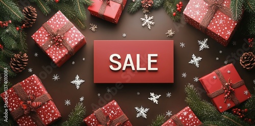 Holiday Sale Promotion Featuring Red Gifts and Festive Decorations on a Dark ...