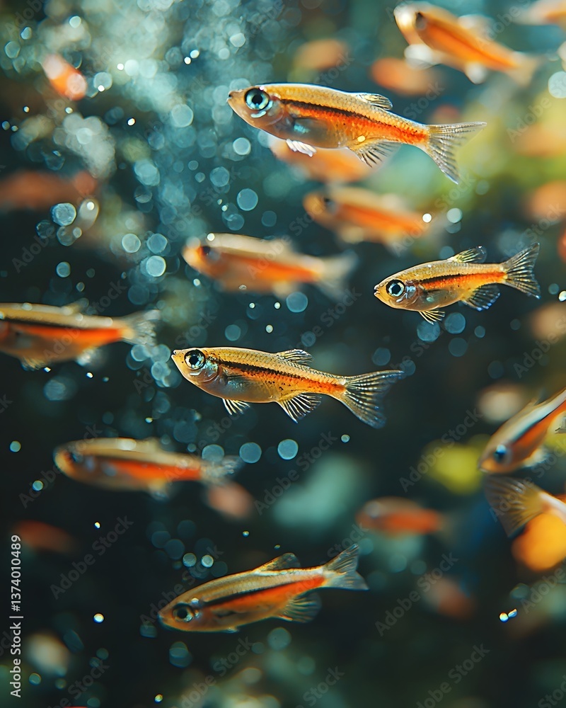 Fototapeta premium A school of vibrant zebra danios swimming in an aquarium
